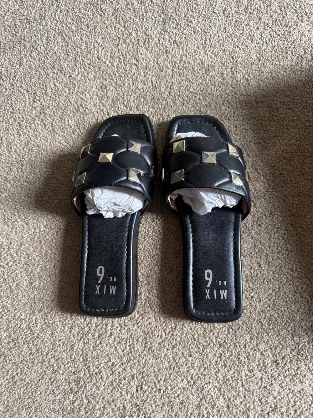 Mix No. 6 Black Quilted Slide Sandals with Gold Studs
